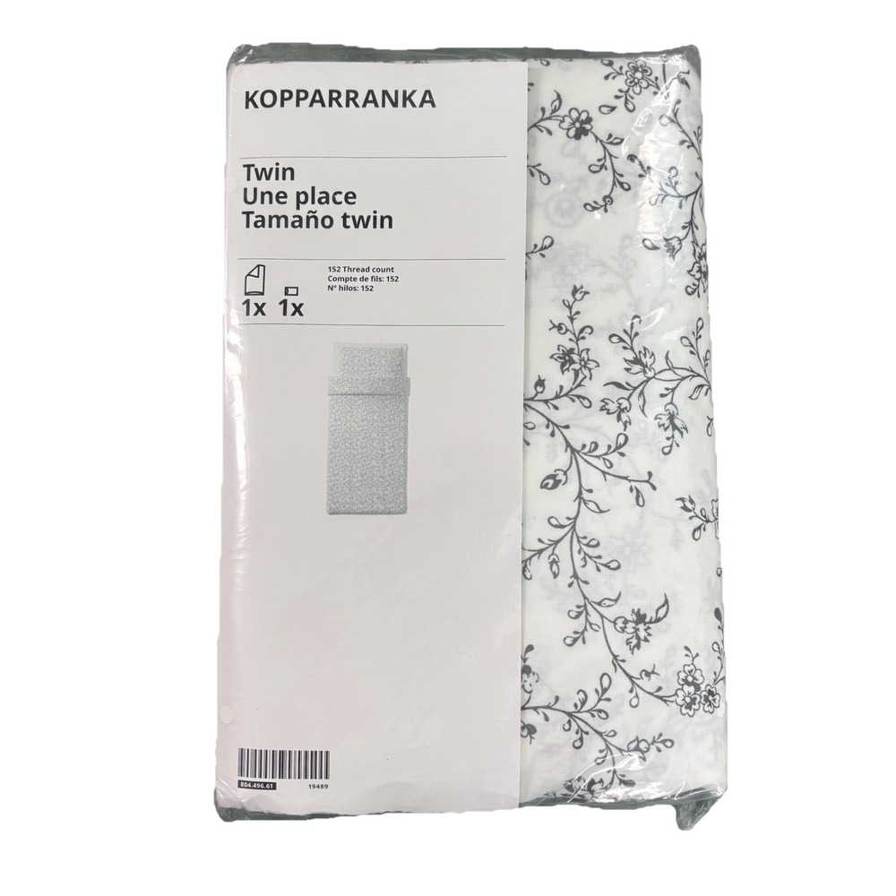 Ikea KOPPARRANKA Twin Sheet Bed Sheet & Pillowcase White Gray Floral NEW